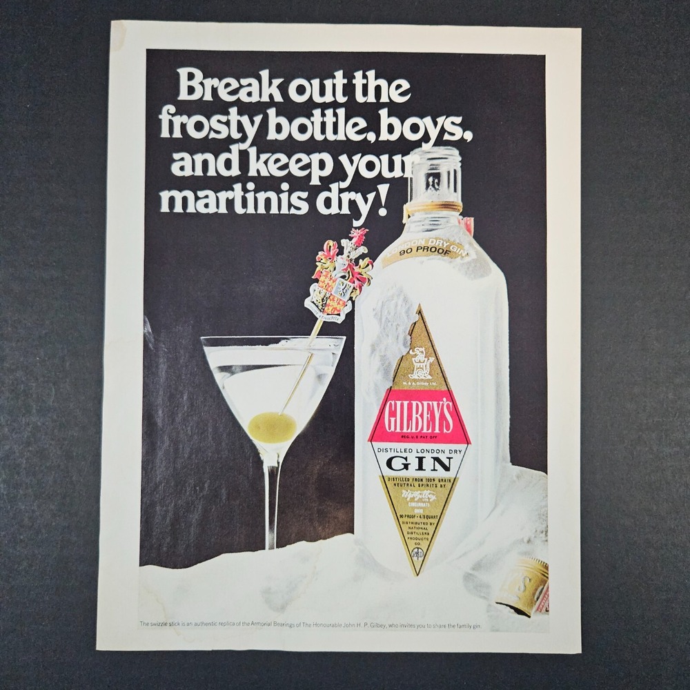 1970 Gilbey's Distilled London Dry Gin Vintage Print Ad Swizzle Stick‎ Martini